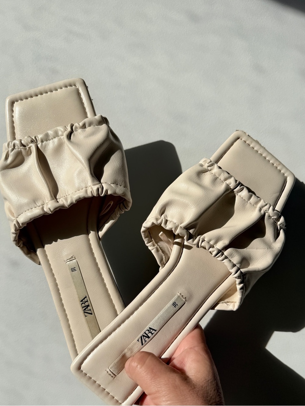 Zara Cream Ruched Square-Toe Slide Sandals